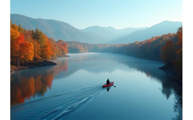 Kayaker paddling through a serene lake in the Adirondack Mountains