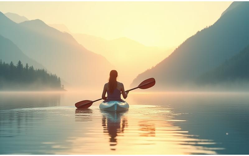 Female solo kayaker paddling towards a distant sunrise on a glass-calm lake