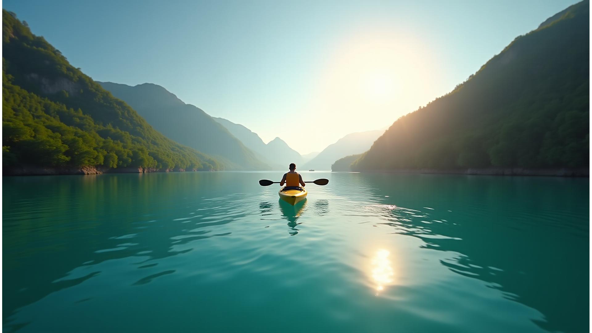 Kayaker paddling peacefully on pristine, clear blue water surrounded by lush green mountains, demonstrating environmental responsibility.