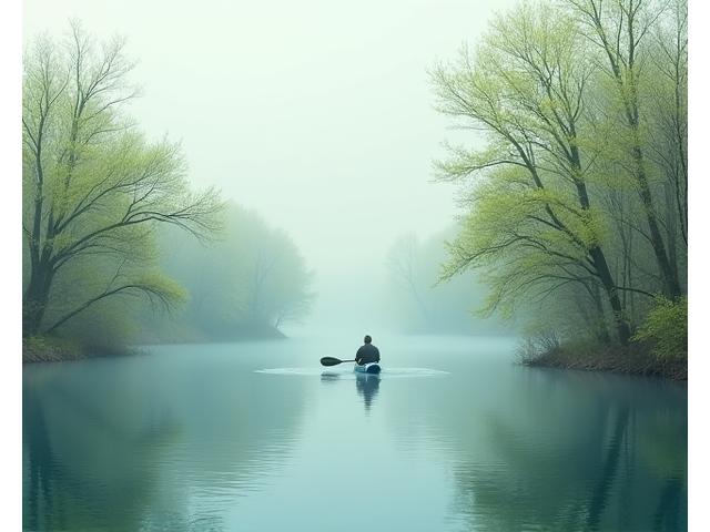 Kayaker on a river in early spring with blooming trees