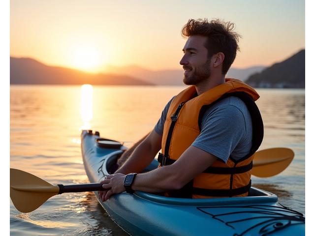 Kayaker with modern tech, GPS device mounted on kayak, smart watch, and waterproof phone case in a calm bay
